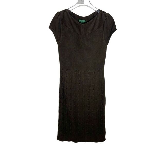 Ralph Lauren Cable Knit Dress Brown Pencil Cashmere Boat Neck Midi Size Medium M - Picture 1 of 6